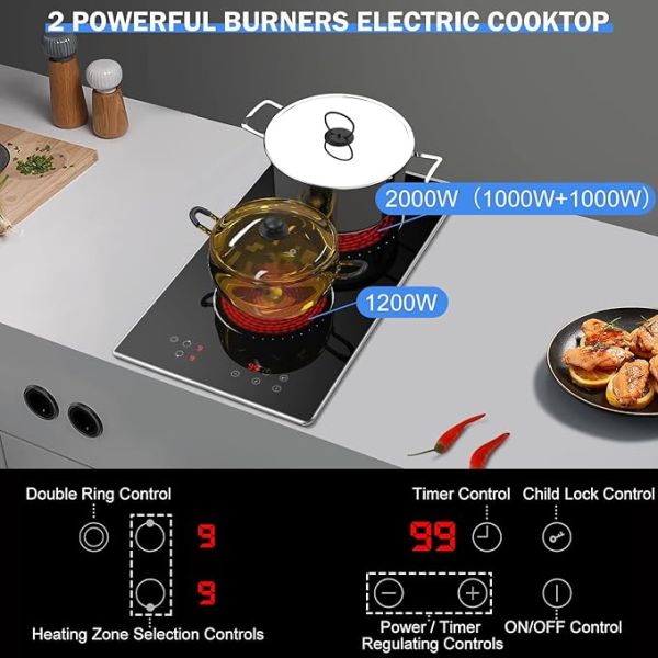 2 Burners Electric Cooktop, 12 inch Radiant Electric Stove Top
